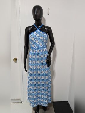 SOLD Zara Blue and White Crochet Halter Maxi Dress